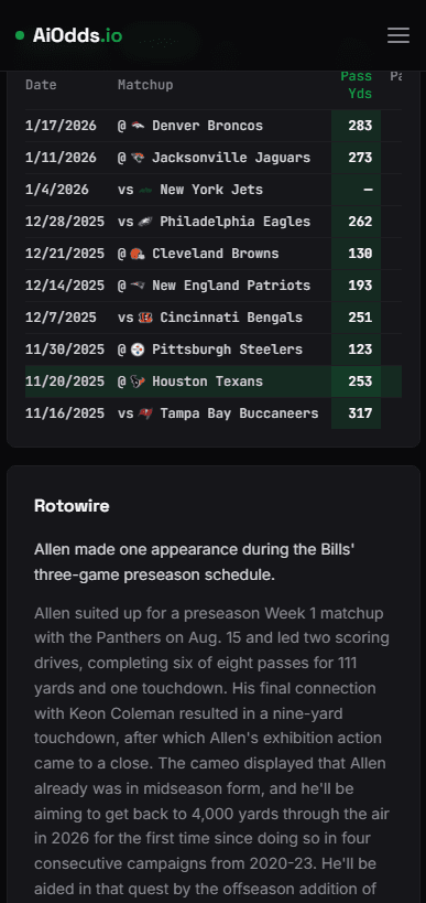 Player's real recent game log - Mobile