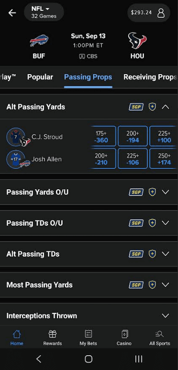 FanDuel's own lines for the same player, for comparison - Passing Props