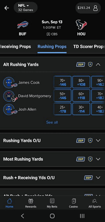 FanDuel's own lines for the same player, for comparison - Rushing Props
